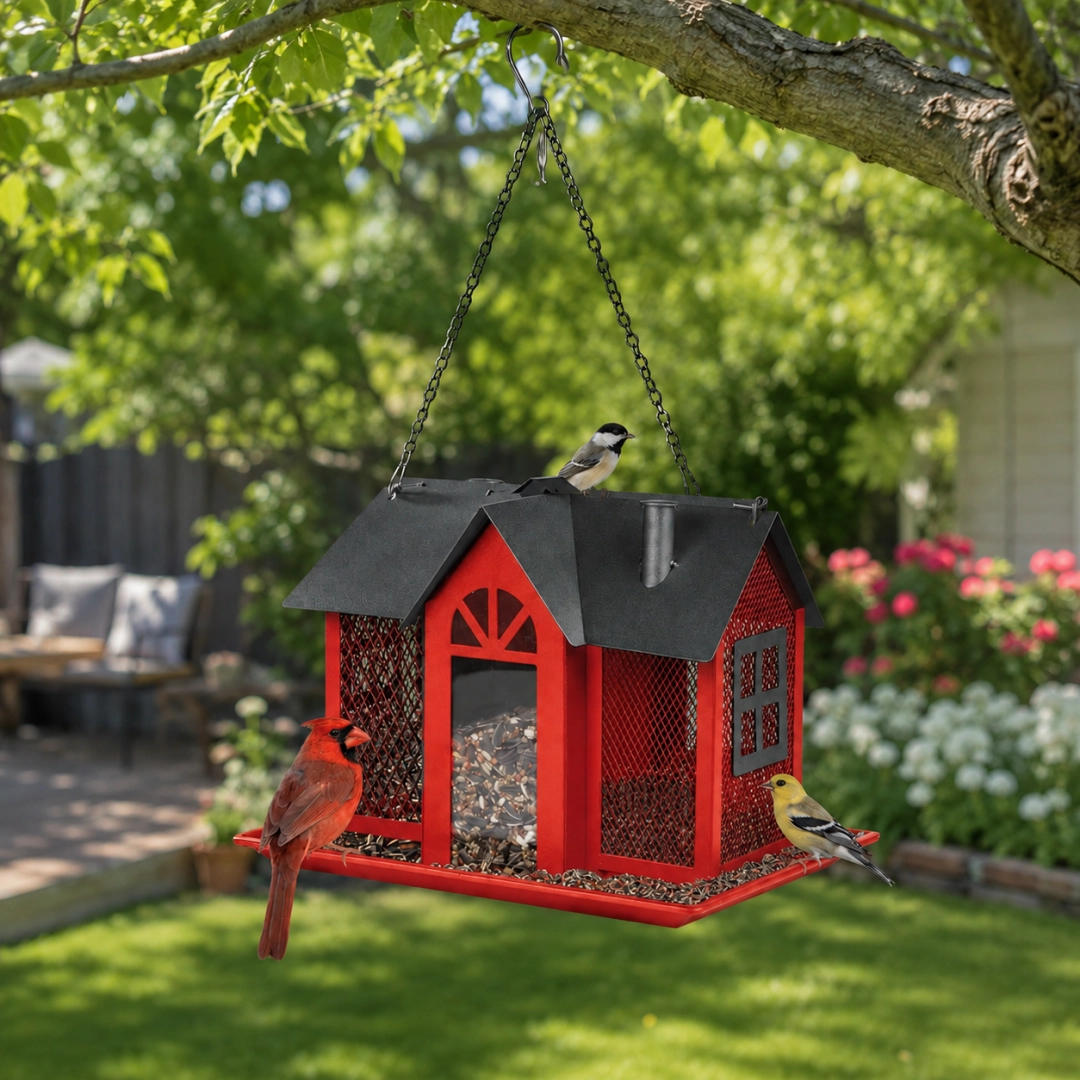 Hanging Metal Bird Feeder – House-Shaped Outdoor Seed Dispenser for Garden, Yard, or Balcony