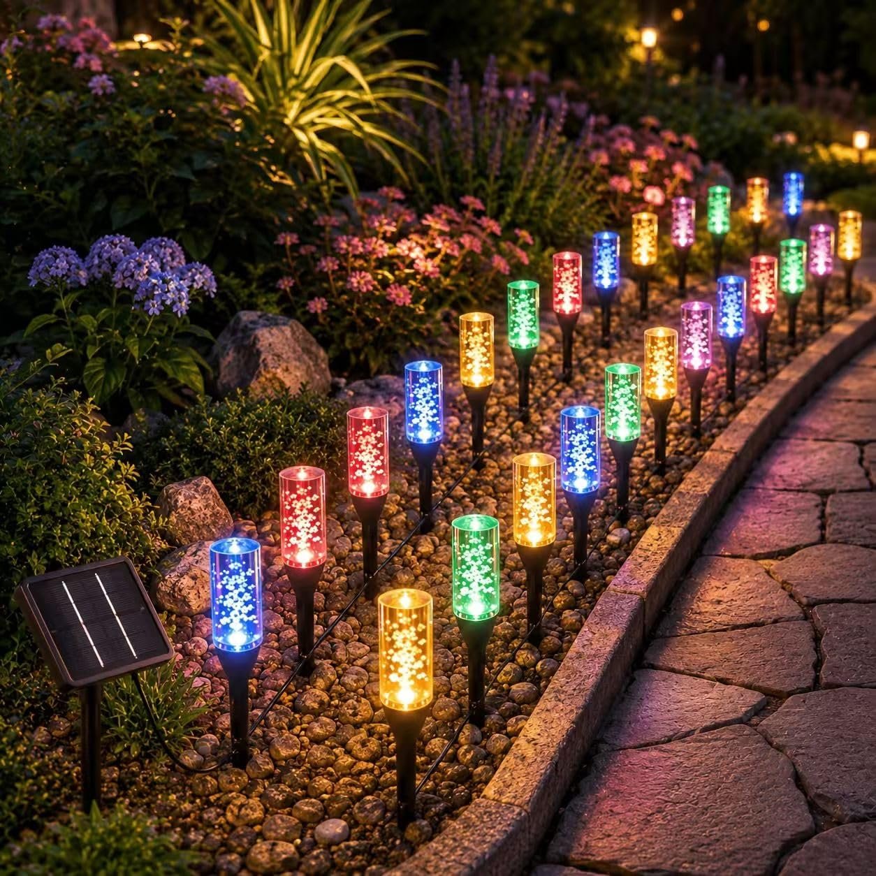 Blue solar pathway lights used along a seasonal outdoor walkway