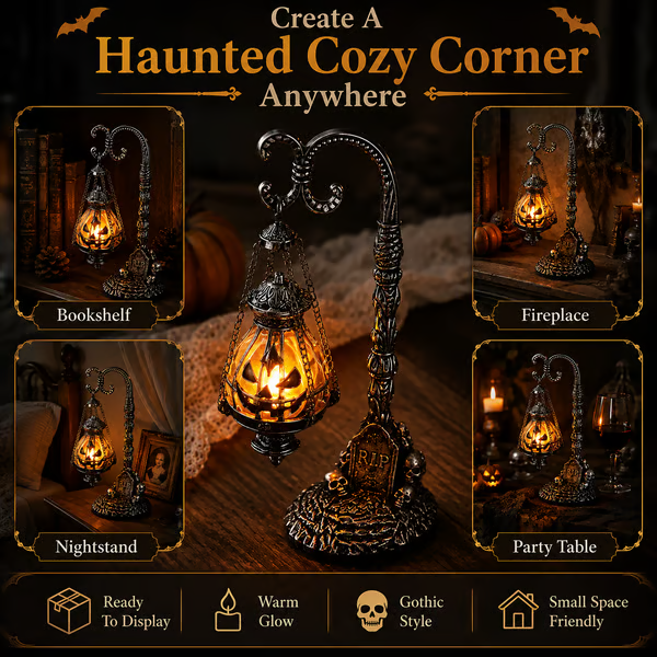 🎃 Gothic Pumpkin Lantern Stand | Warm Orange LED Glow, Victorian Skull Details & Haunted Shelf Decor 🕯️