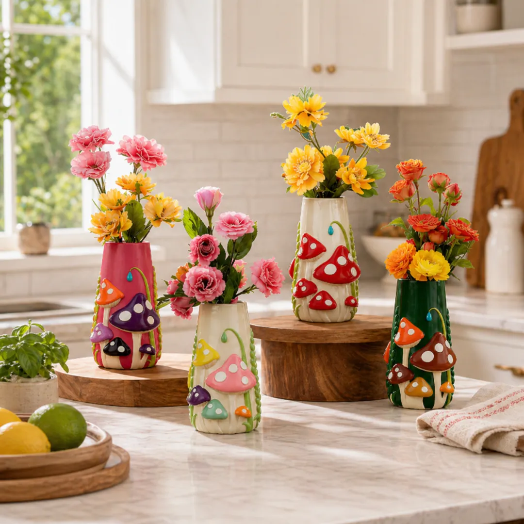 Mushroom Meadow Hand-Painted Vase Collection