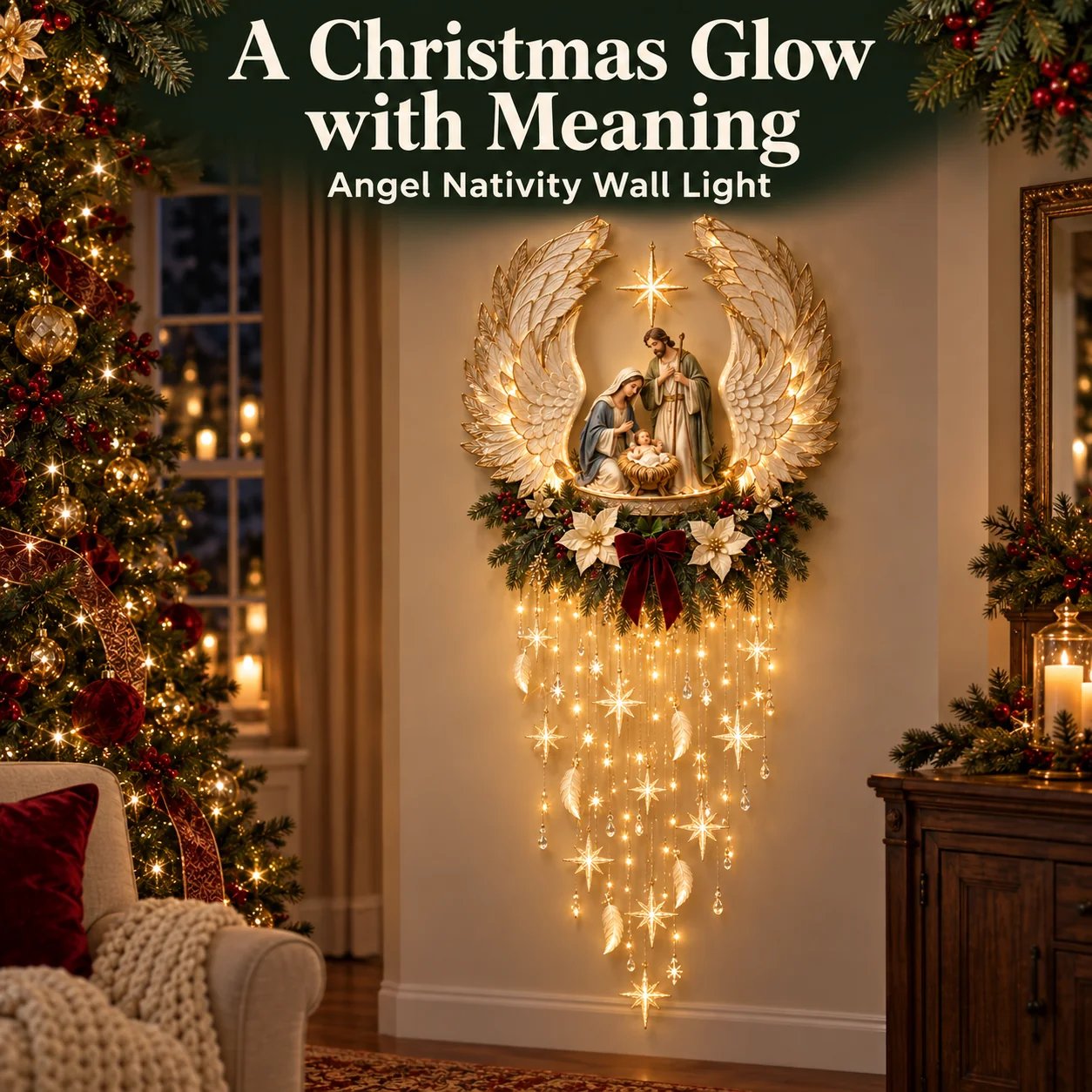 Illuminated angel-wing Nativity Christmas wall decoration
