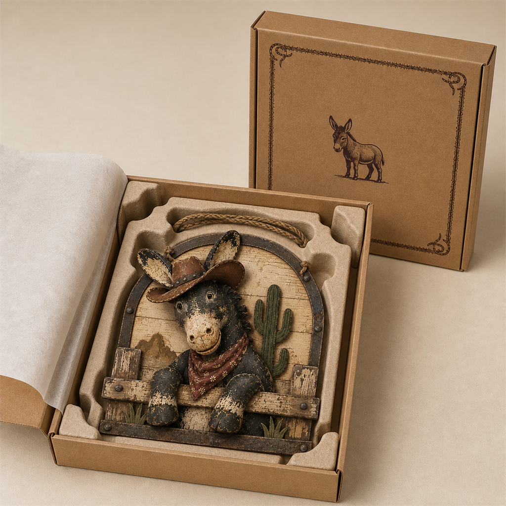 Rustic donkey wall hanging presented in gift packaging
