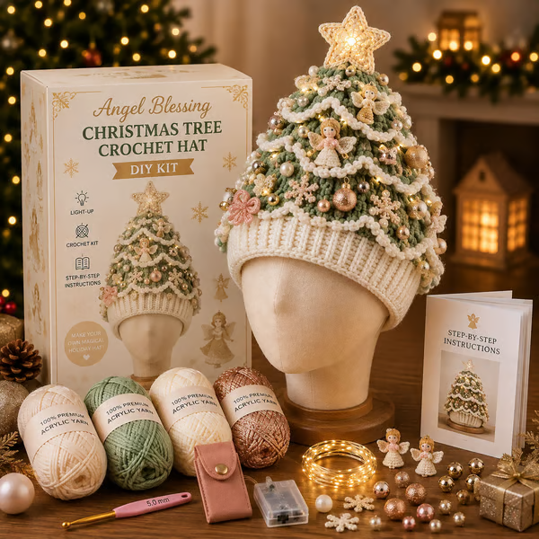 🎄 Beginner‑Friendly Light‑Up Christmas Tree Crochet Hat DIY Kit | Festive Craft Set for New Crocheters