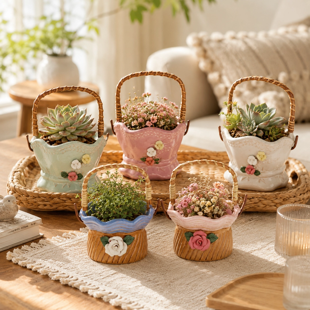 Ceramic Flower Basket Planter – Decorative Handcrafted Indoor & Outdoor Pots