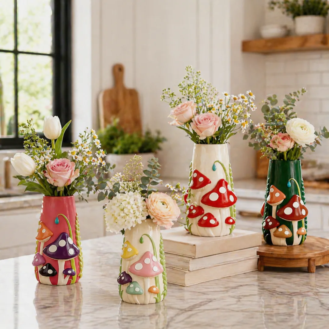 Mushroom Meadow Hand-Painted Vase Collection