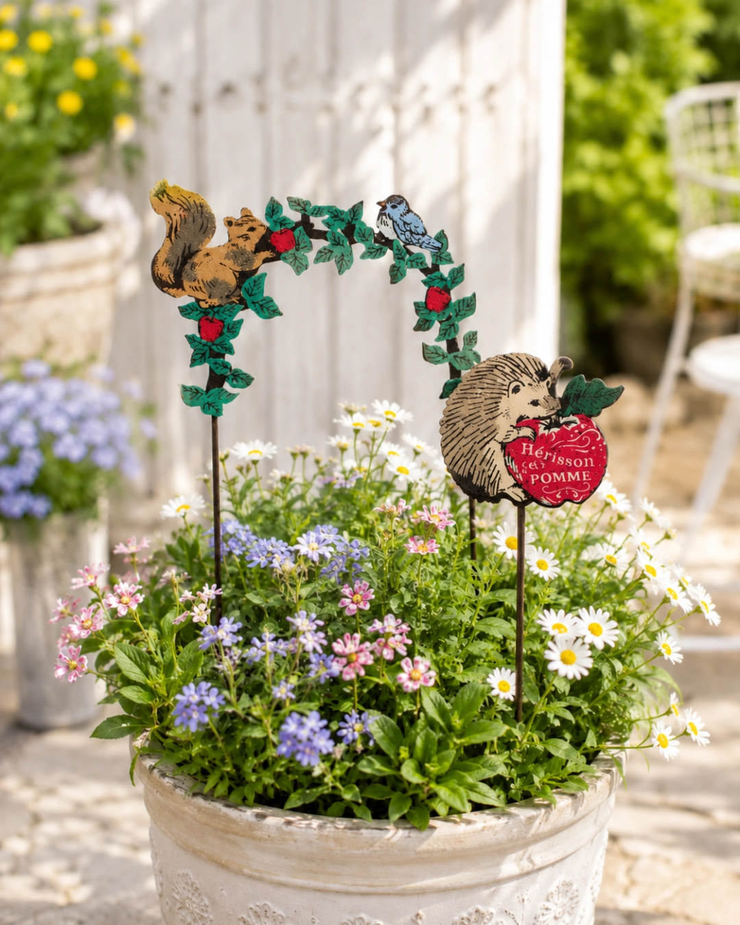 Vintage Metal Garden Stakes - Woodland Squirrel Hedgehog & Cat Plant Pot Picks
