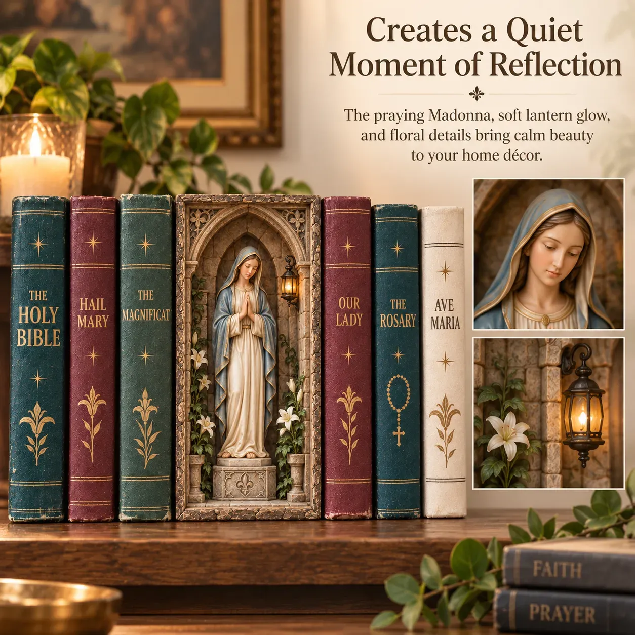 Virgin Mary Book Nook displayed between books