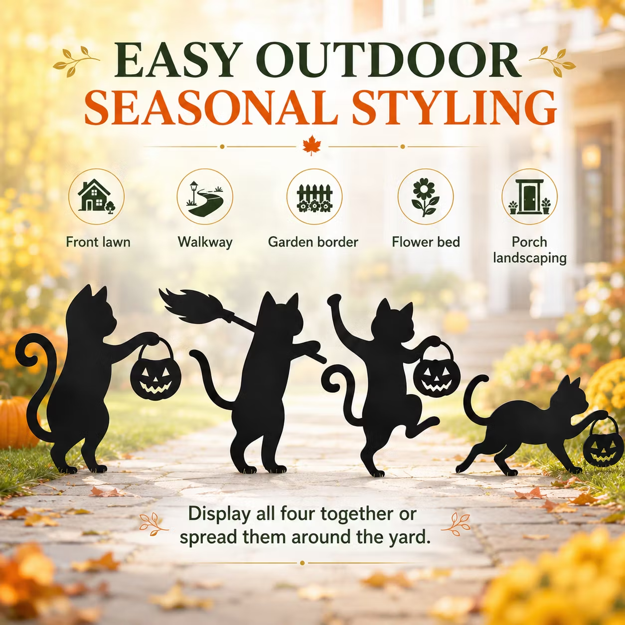 Playful Metal Black Cat Garden Stakes, Set of 4