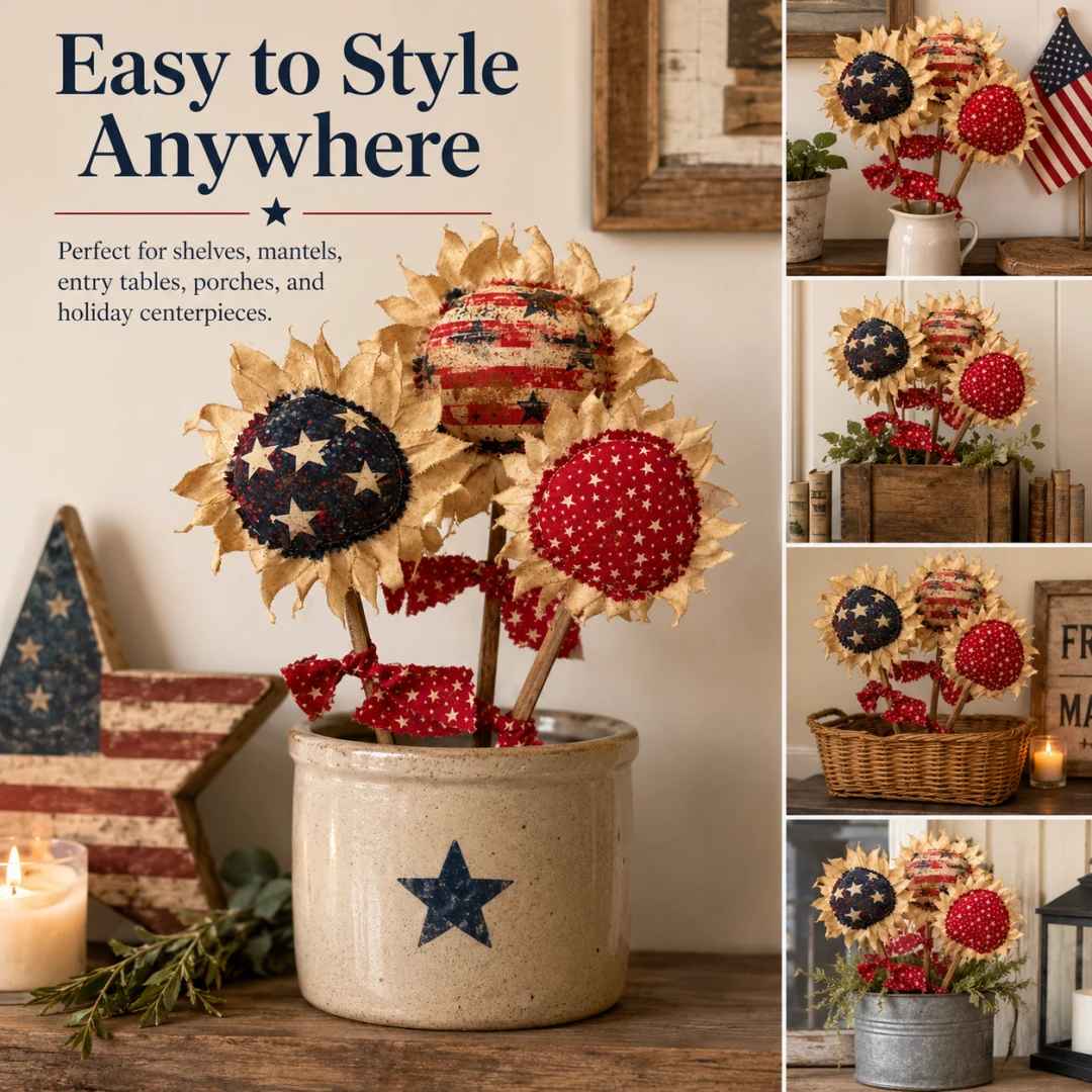 Primitive Americana Flower Picks Set of 3 – Rustic Patriotic Fabric Sunflower Decor