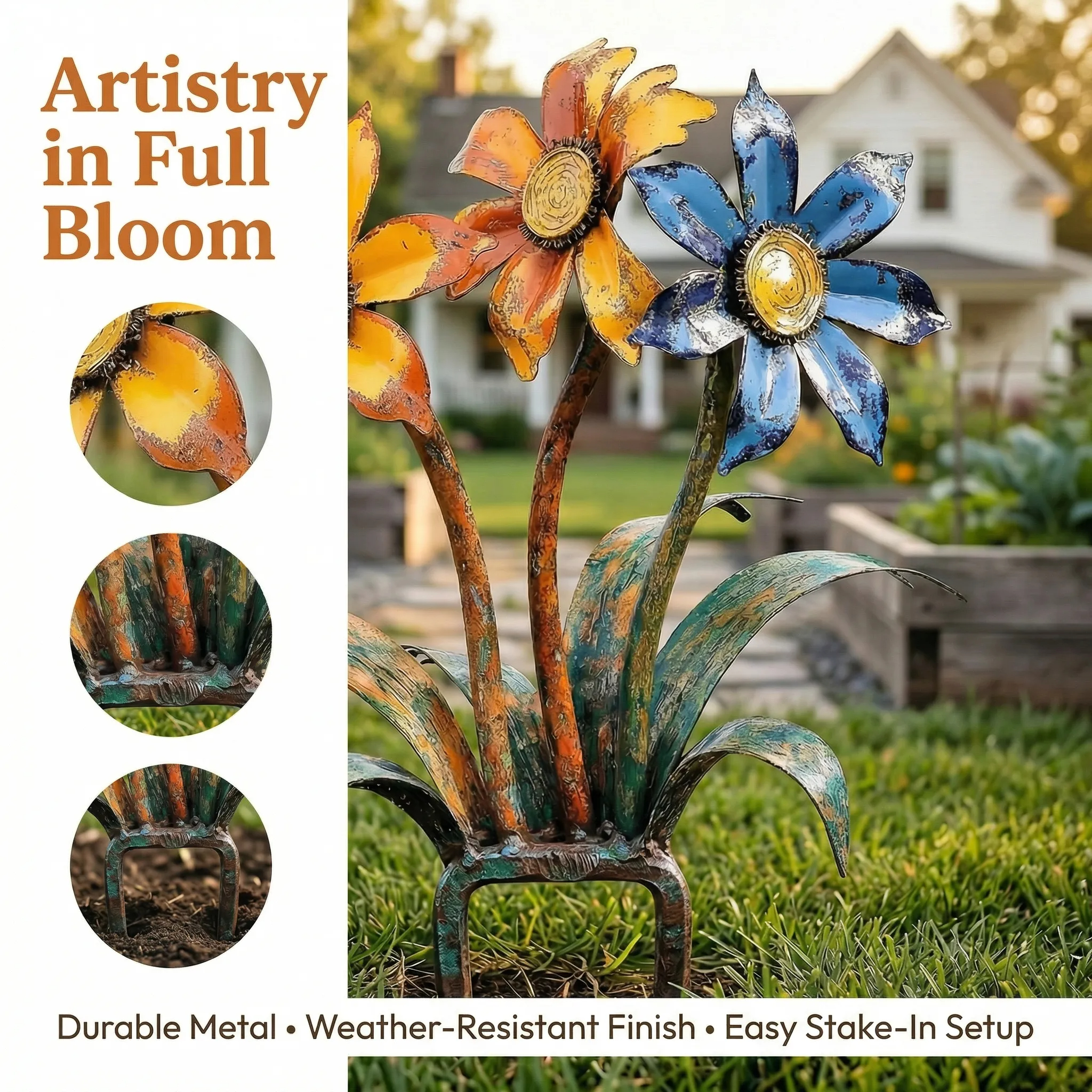 Handcrafted Rustic Metal Flower Garden Stakes