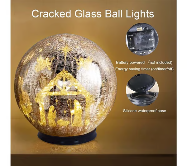 8 Inch Crackle Glass Light Ball | 360° Starry Scene LED Decorative Orb with 6/18 Hour Timer for Christmas Home Decoration