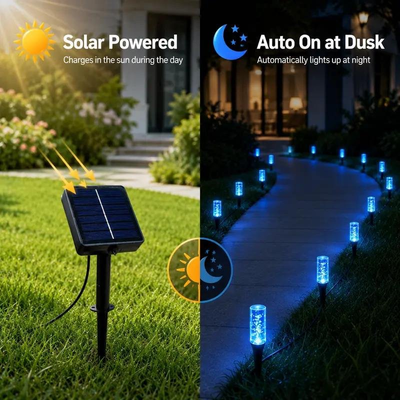 Solar powered blue bubble garden path lights