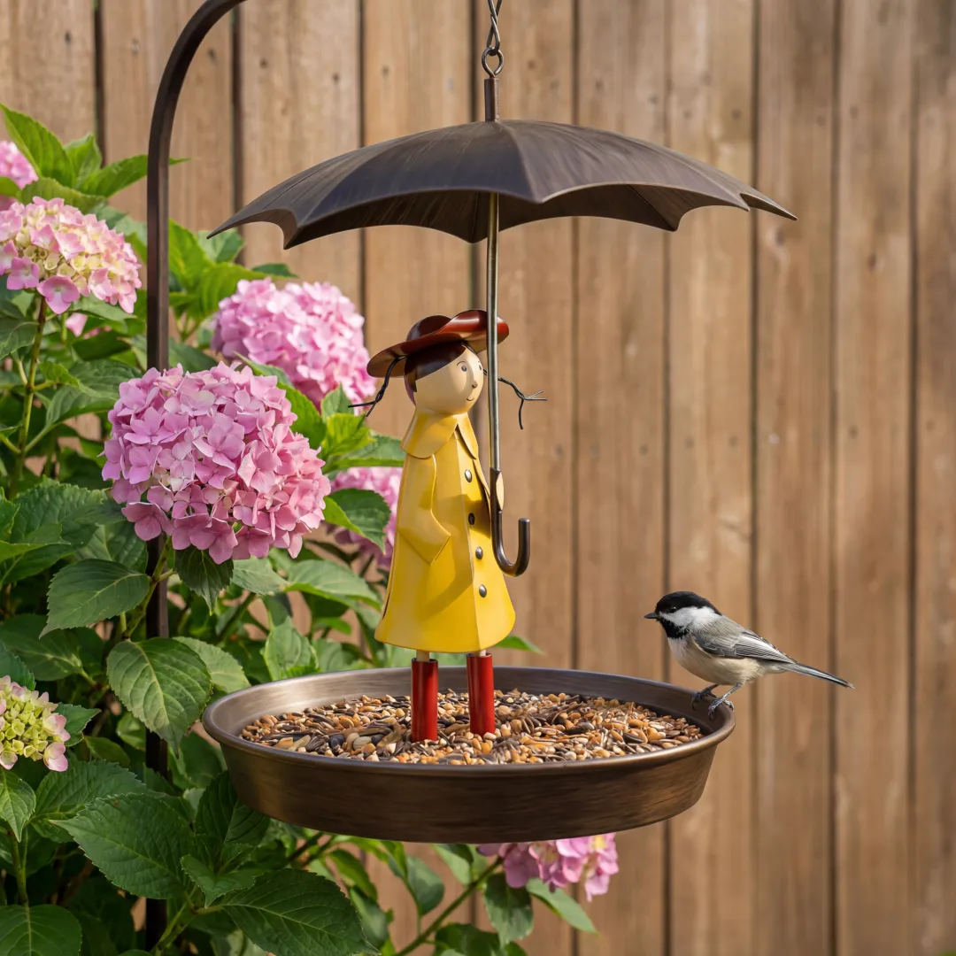 Whimsical Raincoat Girl Hanging Bird Feeder & Bird Bath