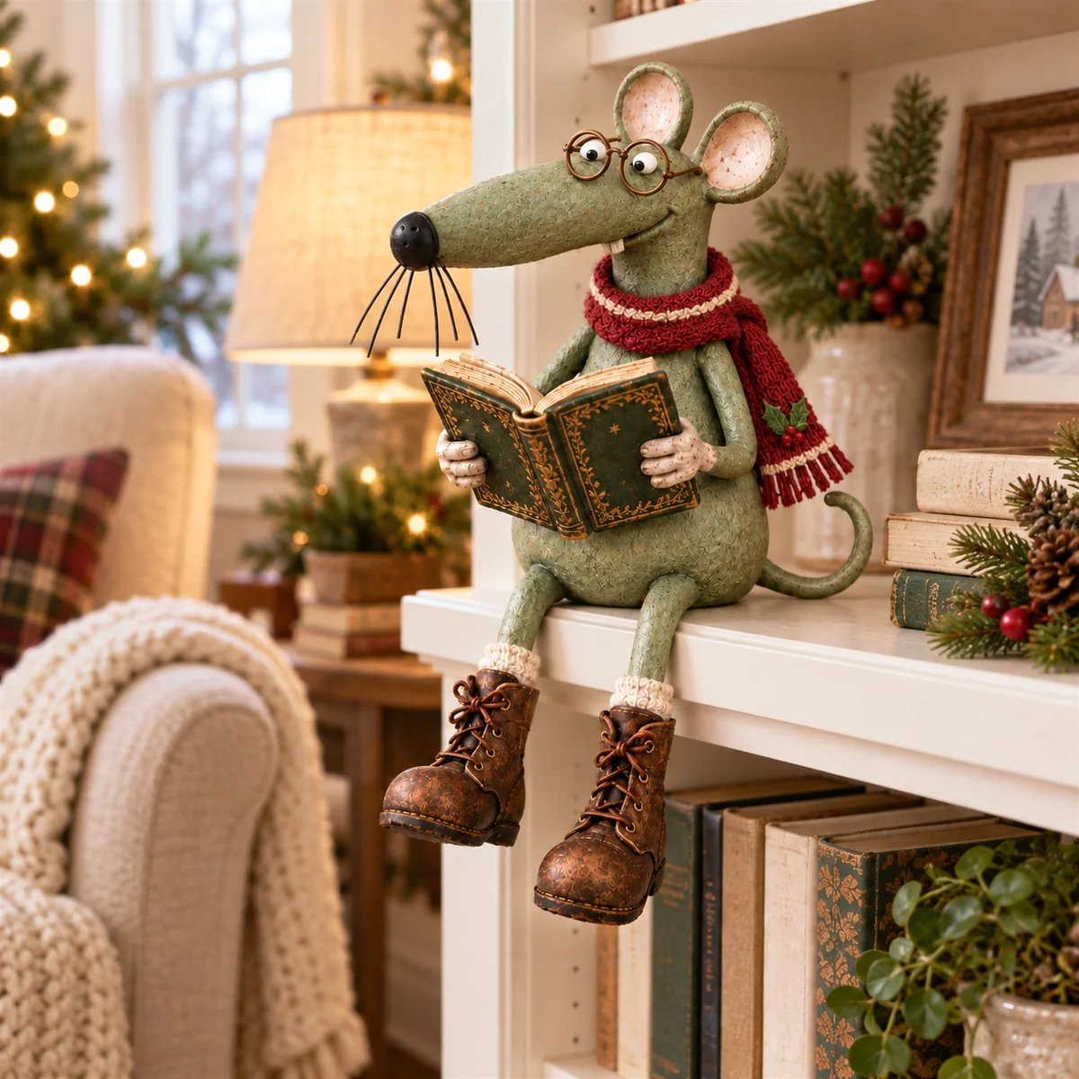 Reading mouse on a bookcase beside a comfortable reading chair Reading mouse on a bookcase beside a comfortable reading chair