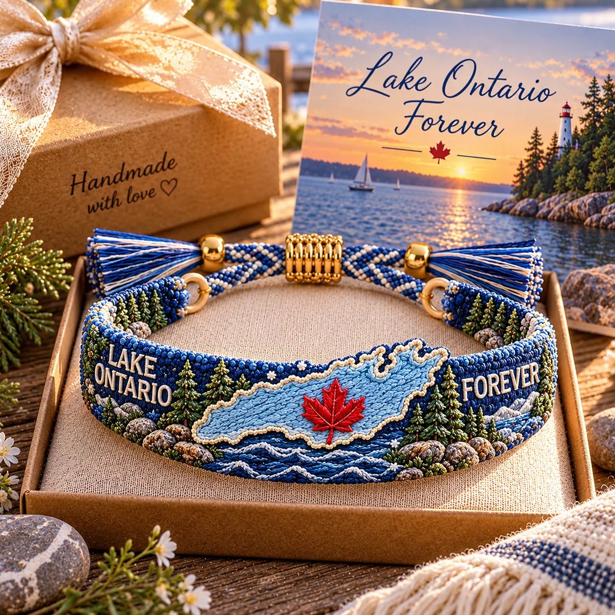 🌊 Lake Ontario Forever Embroidered Bracelet |Meaningful Message & Gift-Ready Keepsake Box 🍁
