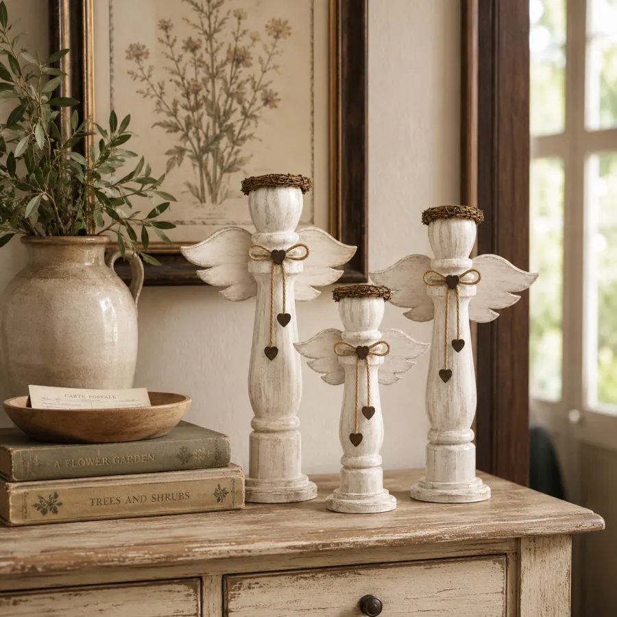 Vintage Wooden Angel Trio Figurines