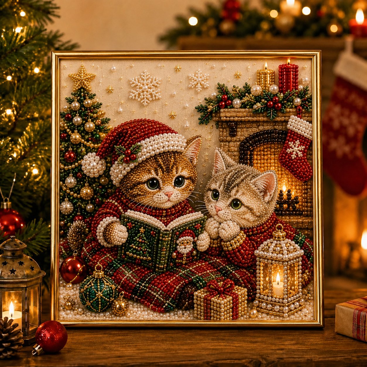 🎄🐾 Premium 3D Pearl Christmas Kitty Art Kit | Luxury Flocked Canvas with Scratch-Resistant Non-Fading Pearl Beads DIY Holiday Decor 🎅🐱❄️