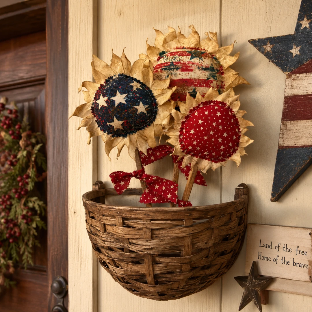 Primitive Americana Flower Picks Set of 3 – Rustic Patriotic Fabric Sunflower Decor