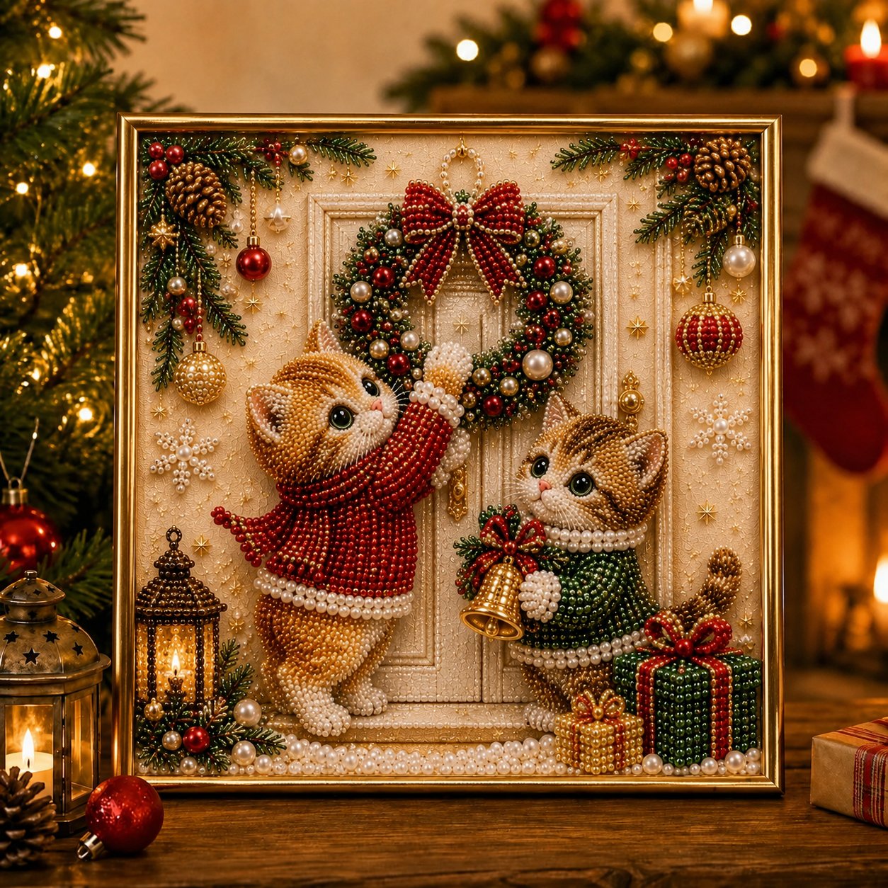 🎄🐾 Premium 3D Pearl Christmas Kitty Art Kit | Luxury Flocked Canvas with Scratch-Resistant Non-Fading Pearl Beads DIY Holiday Decor 🎅🐱❄️