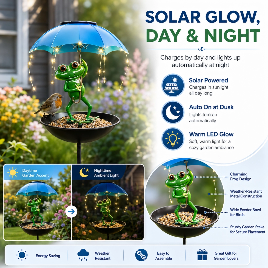 Solar Frog Umbrella Bird Feeder Garden Stake Light