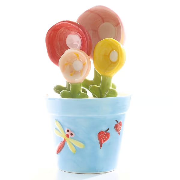 4-Piece Ceramic Flower Measuring Spoons Set with Flowerpot Base