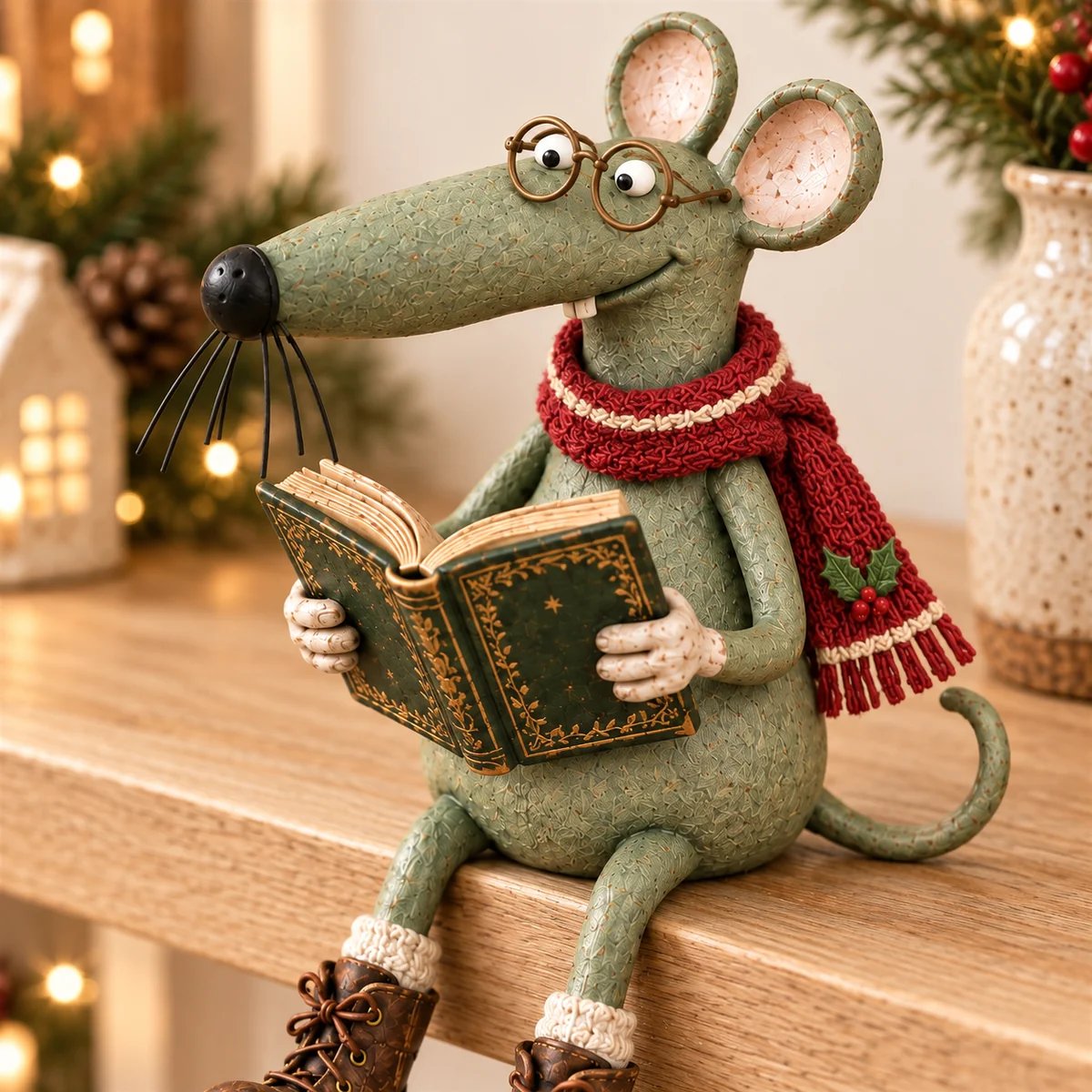 Close view of the reading mouse glasses, whiskers, green book and holly scarf Close view of the reading mouse glasses, whiskers, green book and holly scarf