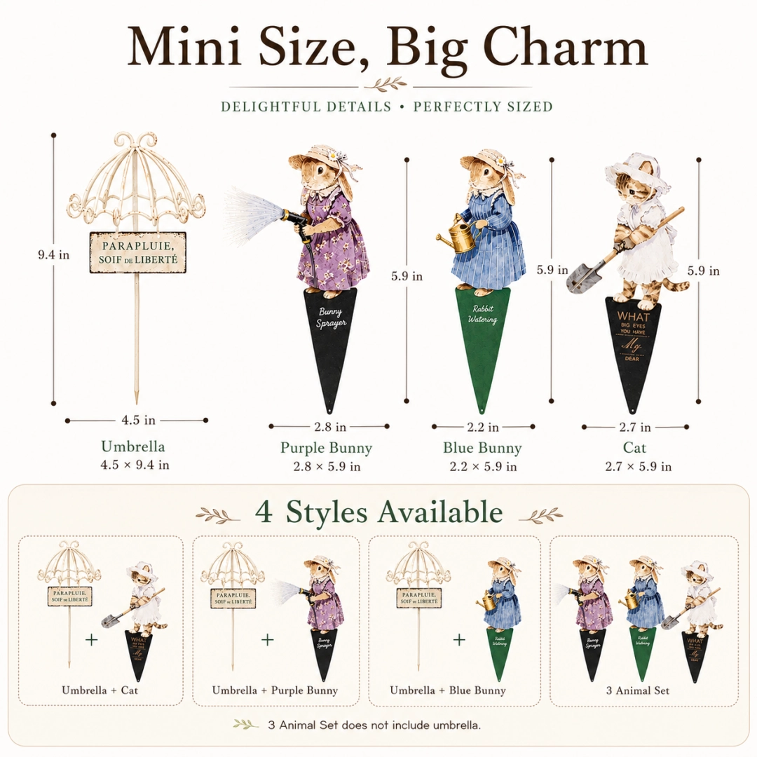 Storybook Garden Stakes – Mini Umbrella with Cat & Bunny Planter Decor