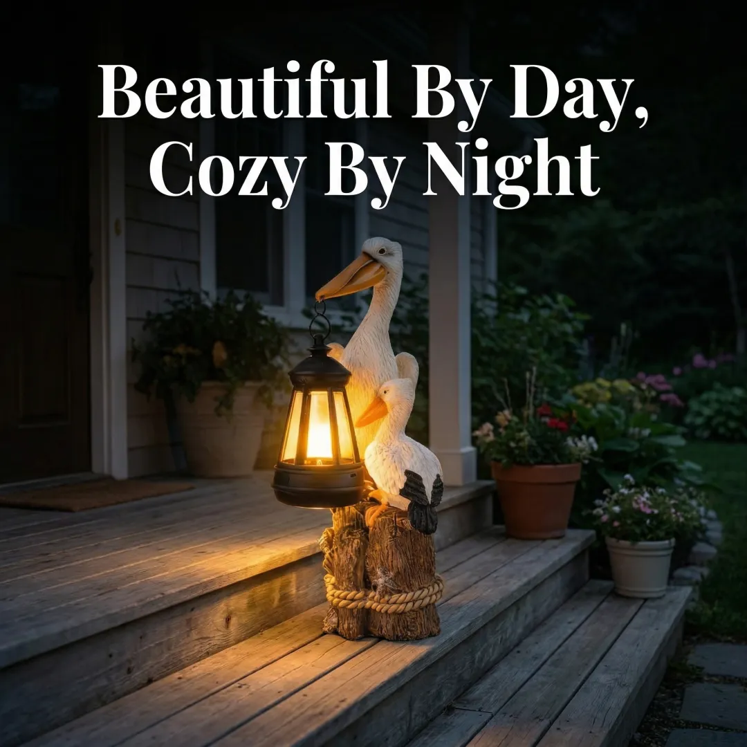 Whimsical Solar Pelican Mother & Baby Garden Lantern StatueThe sweet detail of the baby pelican leaning closely against the larger pelican gives this piece an especially warm, loving feel. From the textured feather detailing to the hanging lantern, wood-l