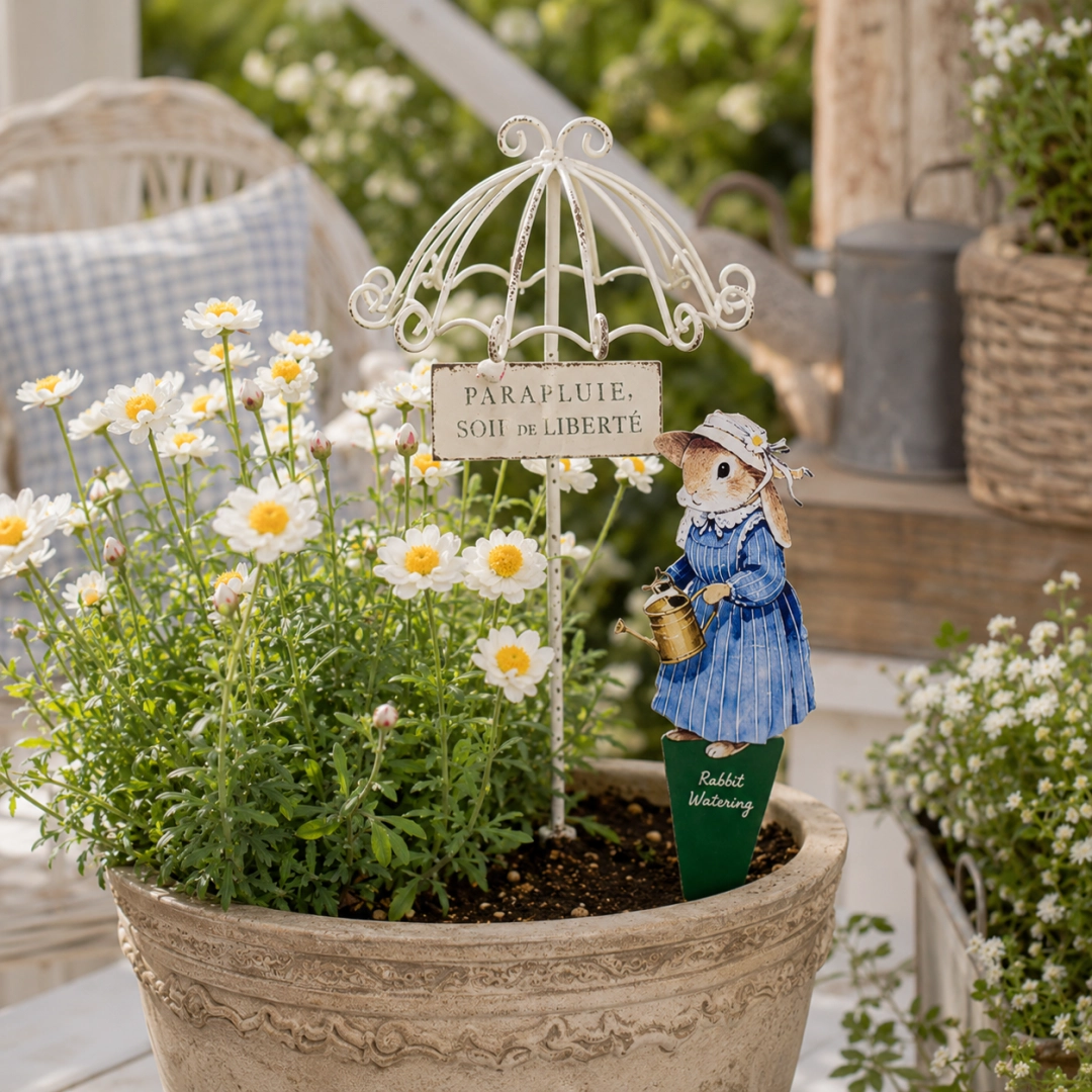 Storybook Garden Stakes – Mini Umbrella with Cat & Bunny Planter Decor