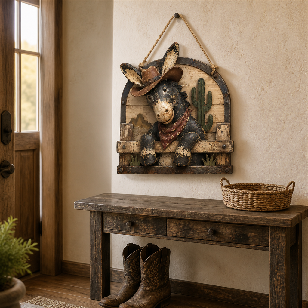 Rustic donkey wall hanging styled above an entryway console