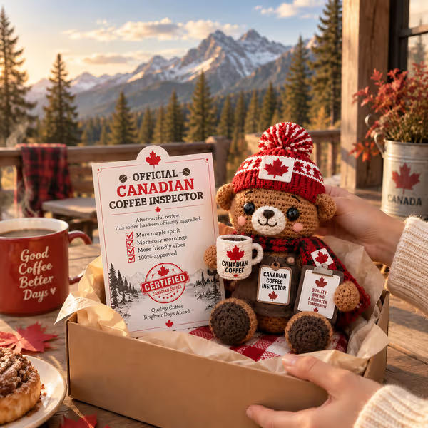  ☕🍁Official Canadian Coffee Inspector Bear– Handmade Crochet Coffee Lover Gift with Certificate 