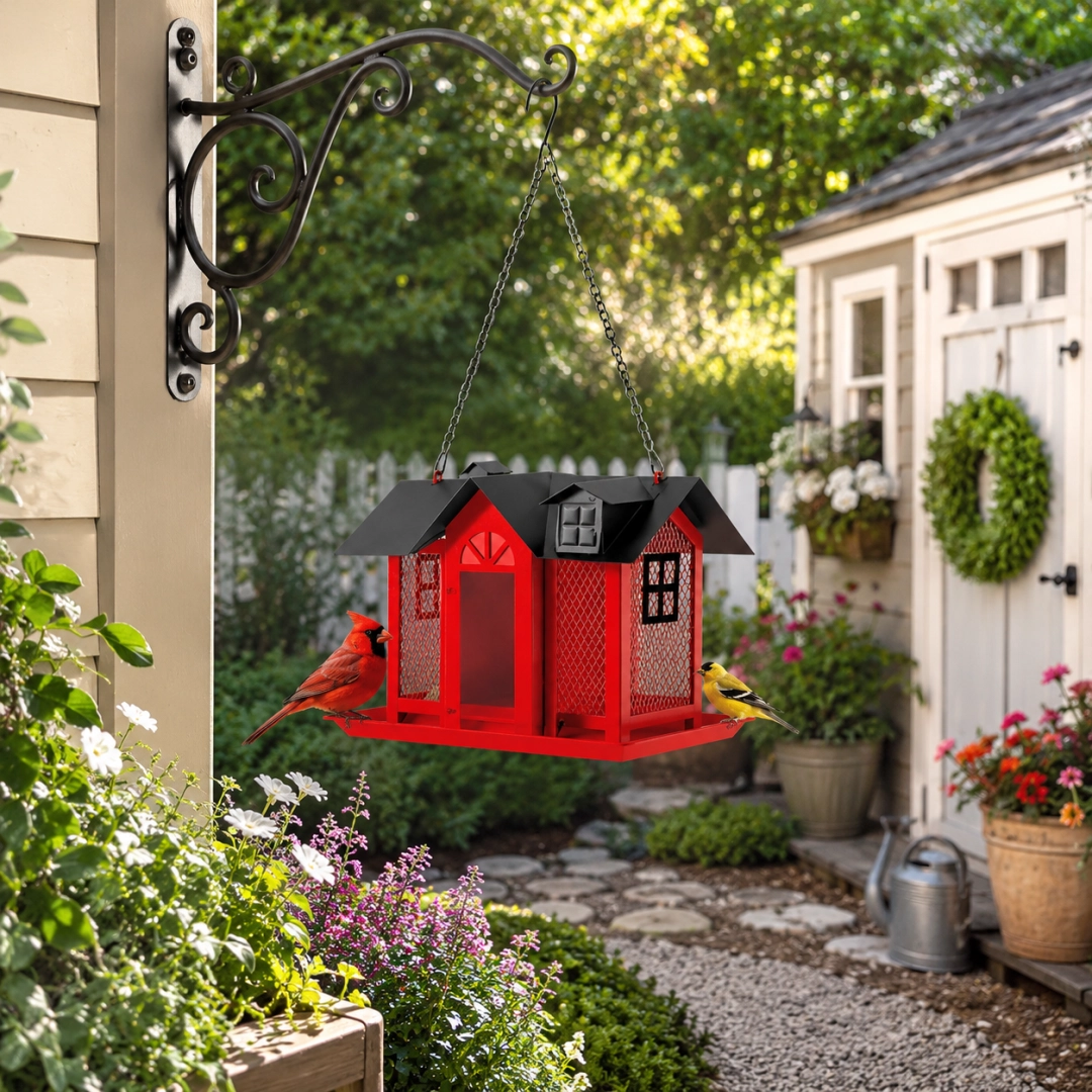 Hanging Metal Bird Feeder – House-Shaped Outdoor Seed Dispenser for Garden, Yard, or Balcony