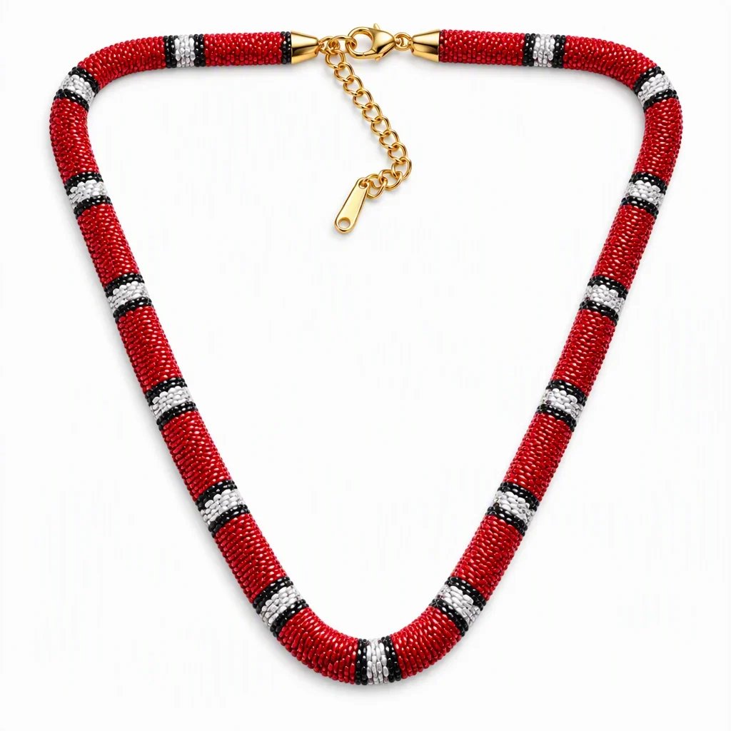 Red black and ivory striped snake-inspired necklace on white background