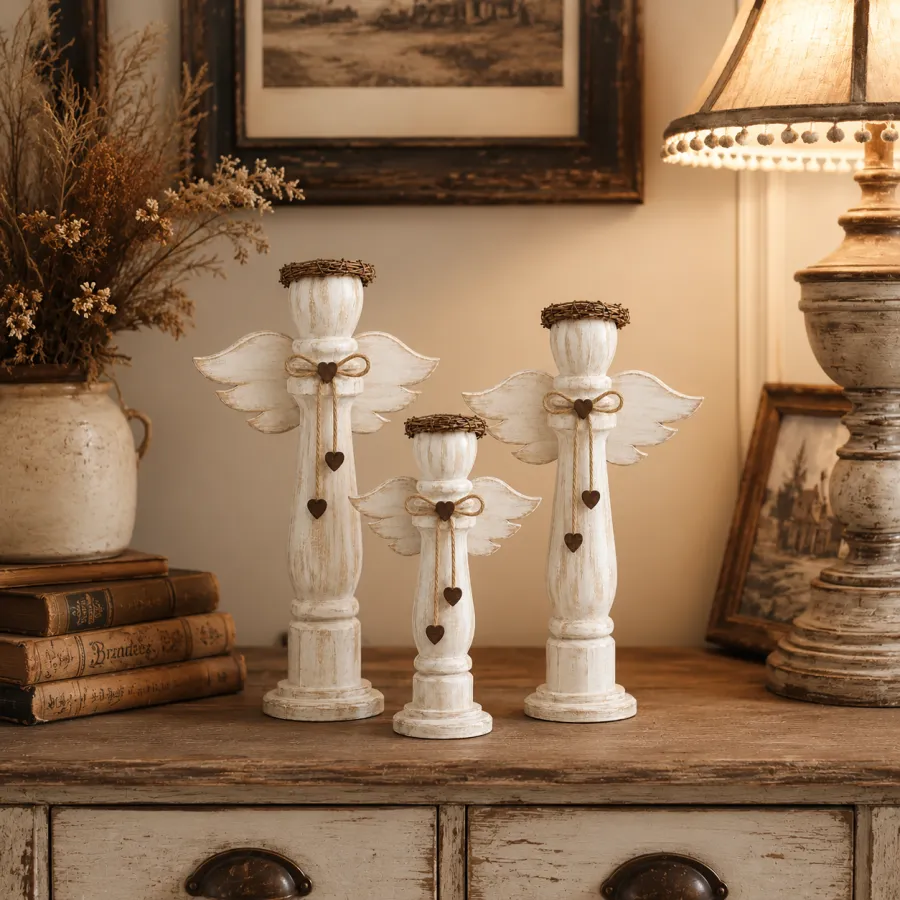 Vintage Wooden Angel Trio Figurines
