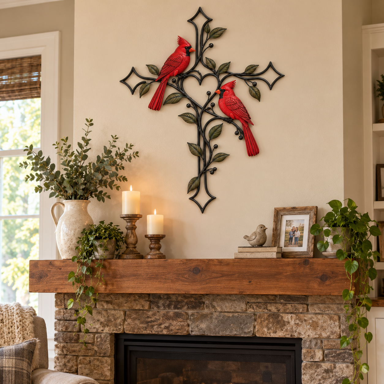 Cardinal Cross over a rustic fireplace