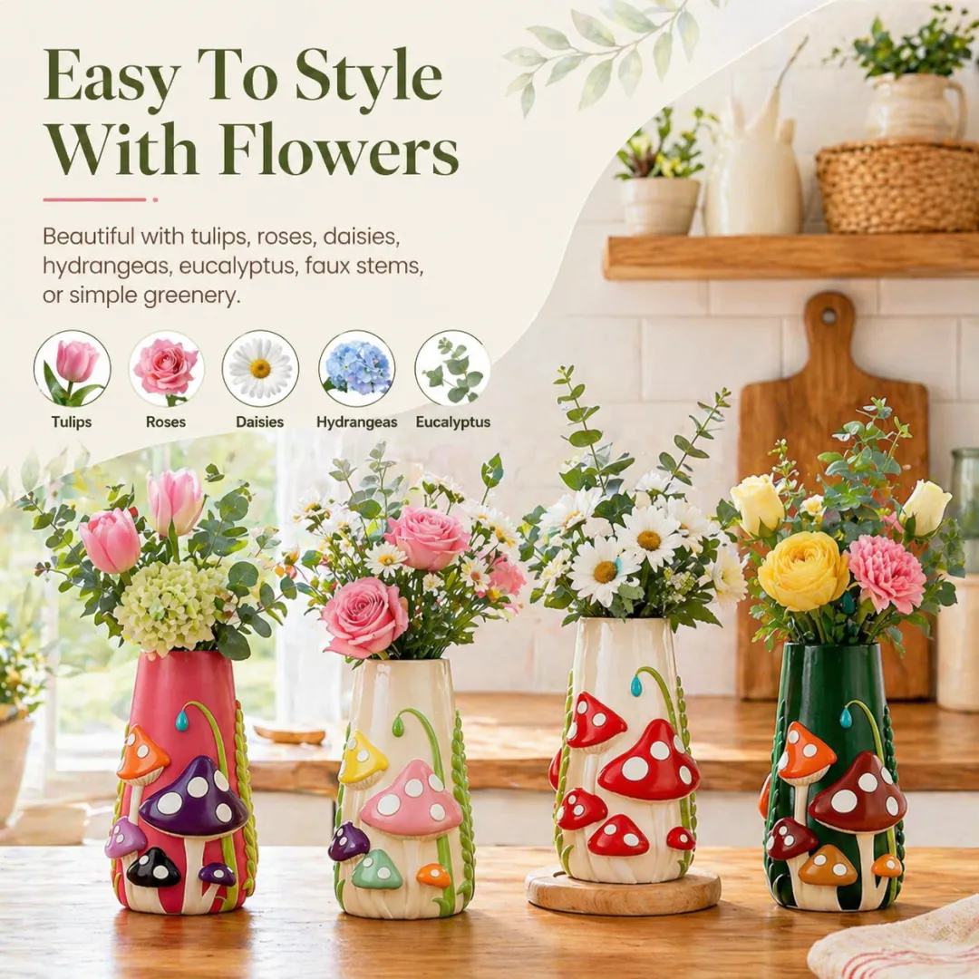 Mushroom Meadow Hand-Painted Vase Collection