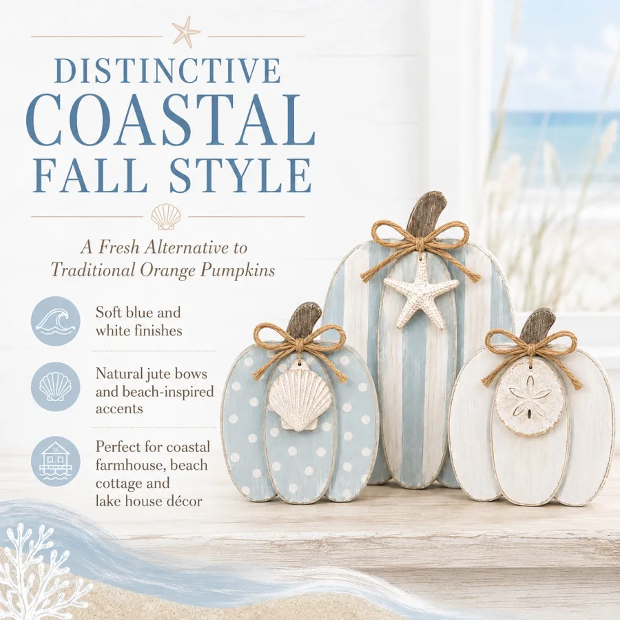 Coastal Wooden Pumpkin Tabletop Décor, Set of 3