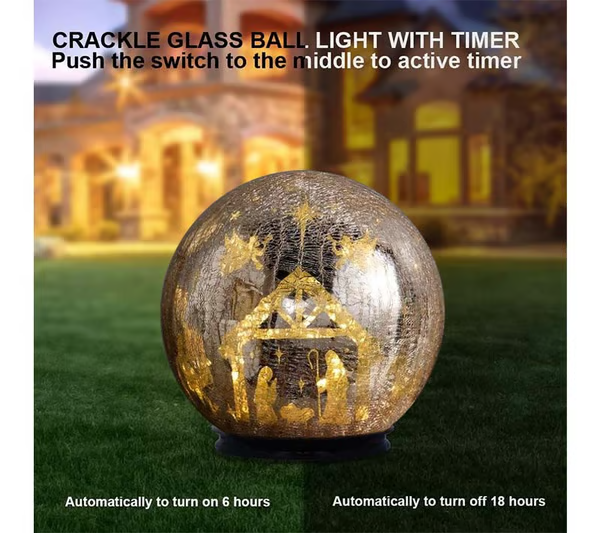 8 Inch Crackle Glass Light Ball | 360° Starry Scene LED Decorative Orb with 6/18 Hour Timer for Christmas Home Decoration
