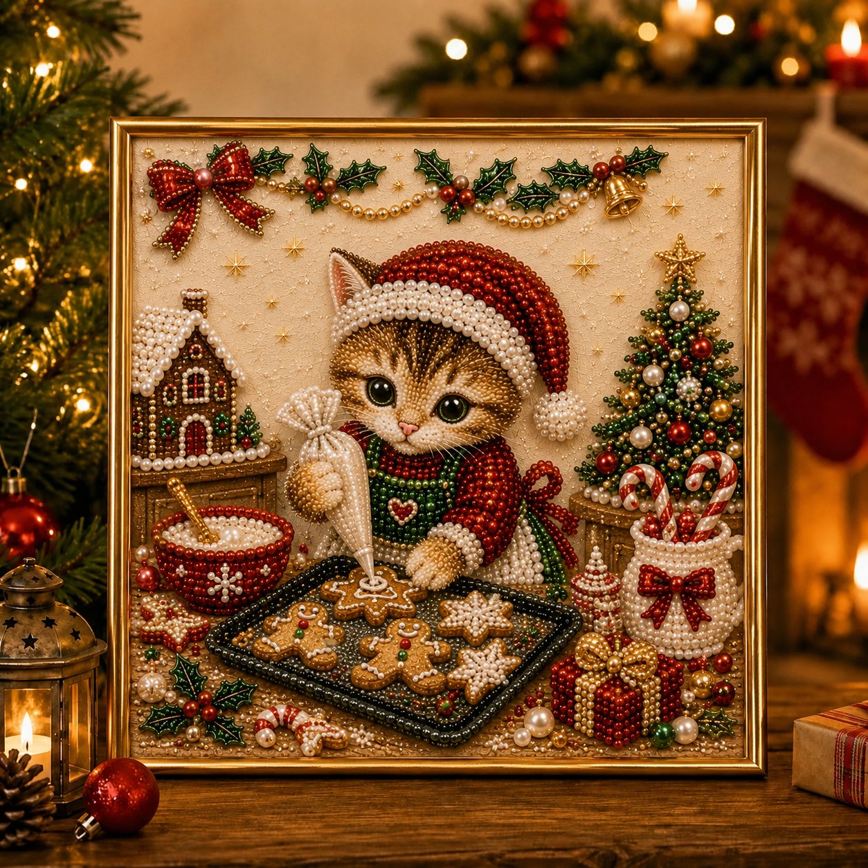 🎄🐾 Premium 3D Pearl Christmas Kitty Art Kit | Luxury Flocked Canvas with Scratch-Resistant Non-Fading Pearl Beads DIY Holiday Decor 🎅🐱❄️