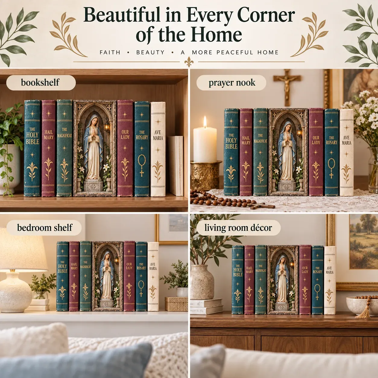 Virgin Mary Book Nook displayed in a home bookshelf setting