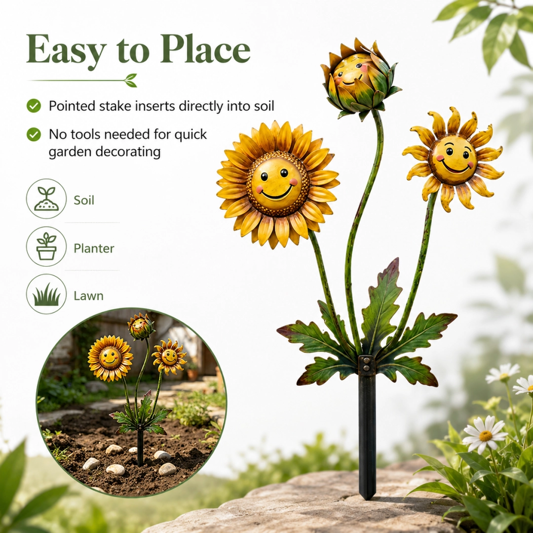2D Smiling Sunflower Garden Stake Decor, Metal Flower Yard Art with Cute Face