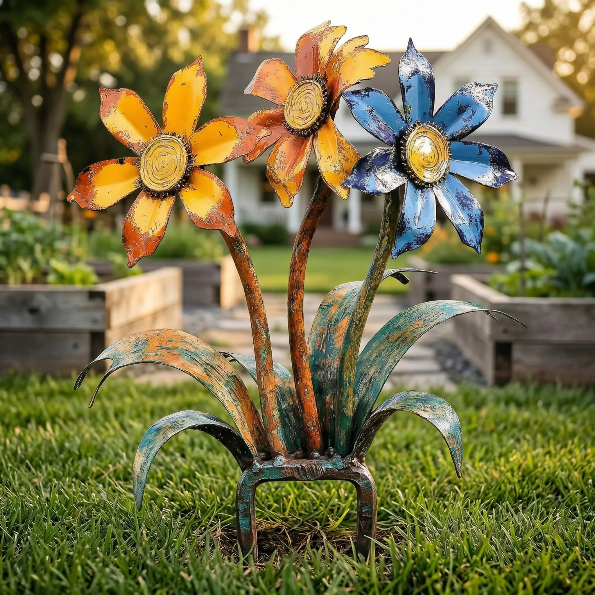 Handcrafted Rustic Metal Flower Garden Stakes