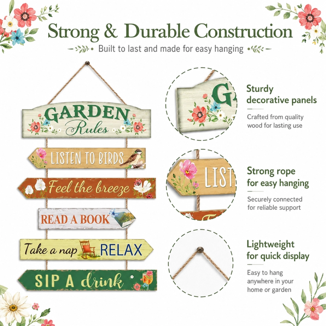 Wooden Outdoor Fun Garden Rule Signs Set-Gardening Enthusiast Decor, Outdoor Garden Sign Plaques