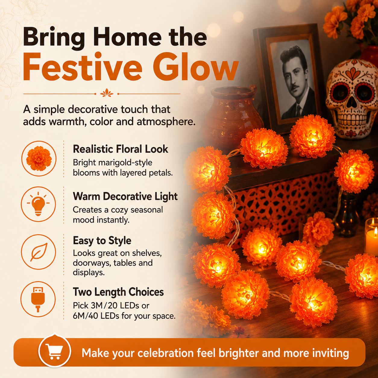 Warm glowing marigold flower string lights seasonal home display