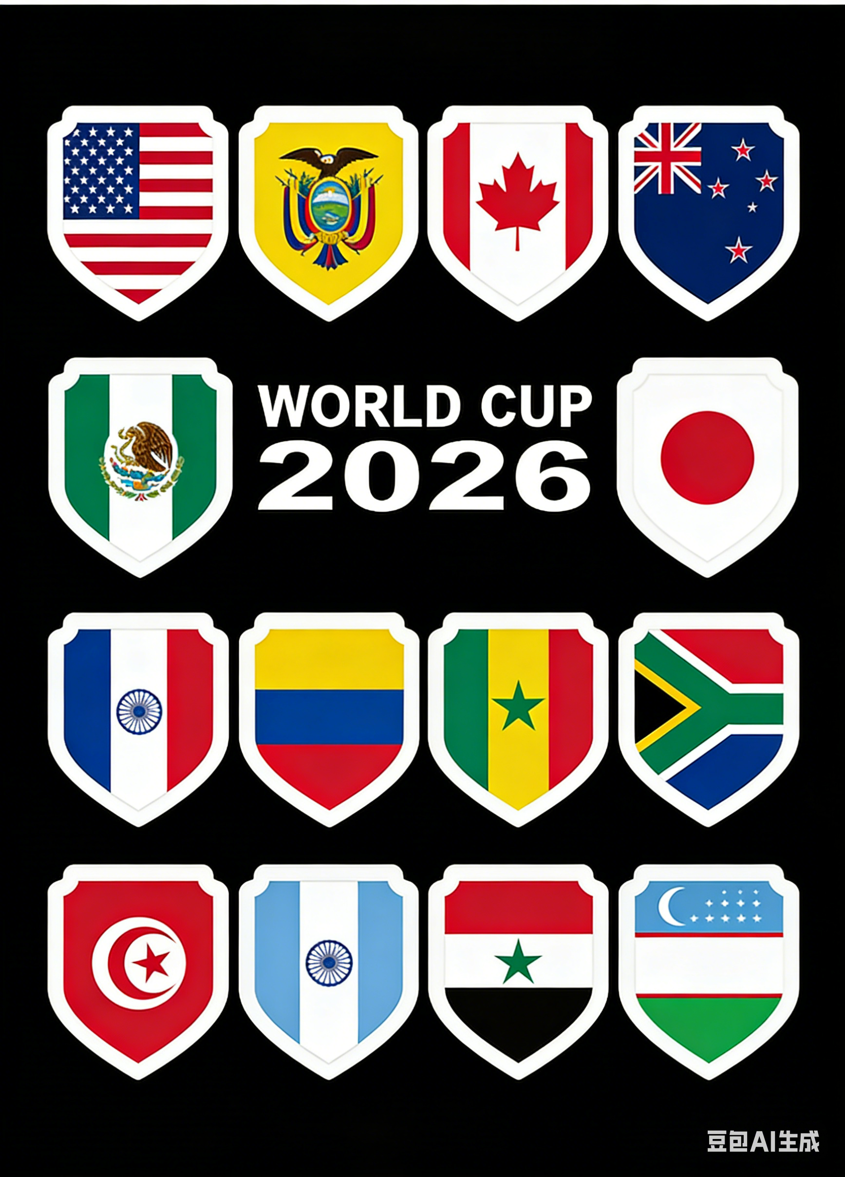 A set of three World Cup 2026 Football Flag Stickers 