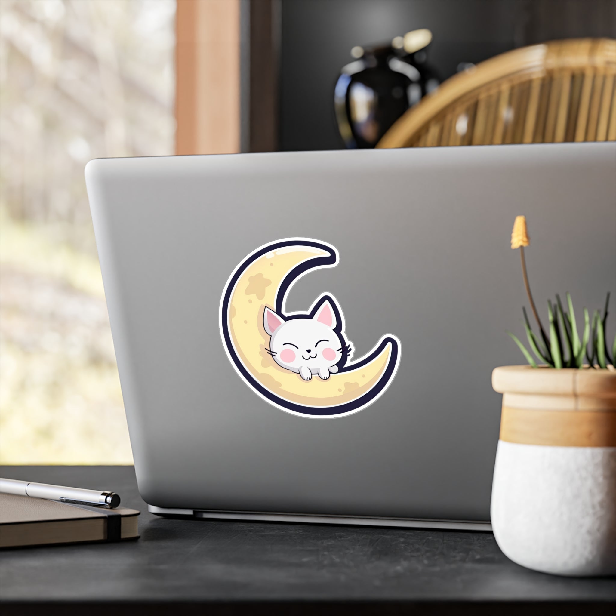 Adorable Cat on Moon Sticker - Perfect for Cat Lovers & Space Enthusiasts 