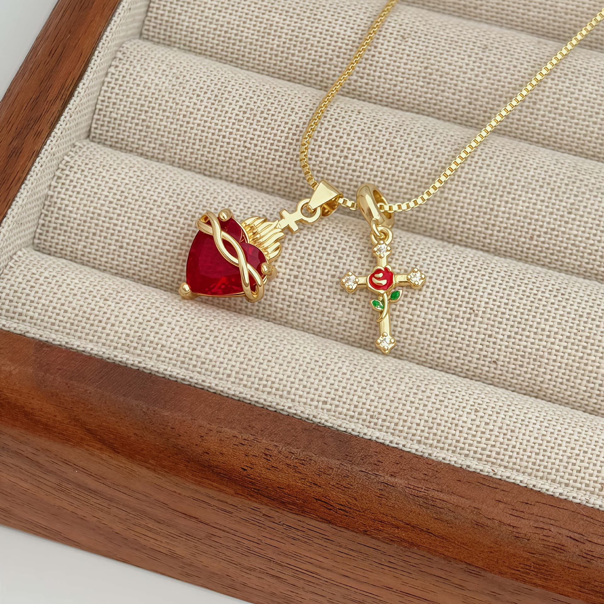  Sacred Heart & Rose Cross Pendant Necklace: