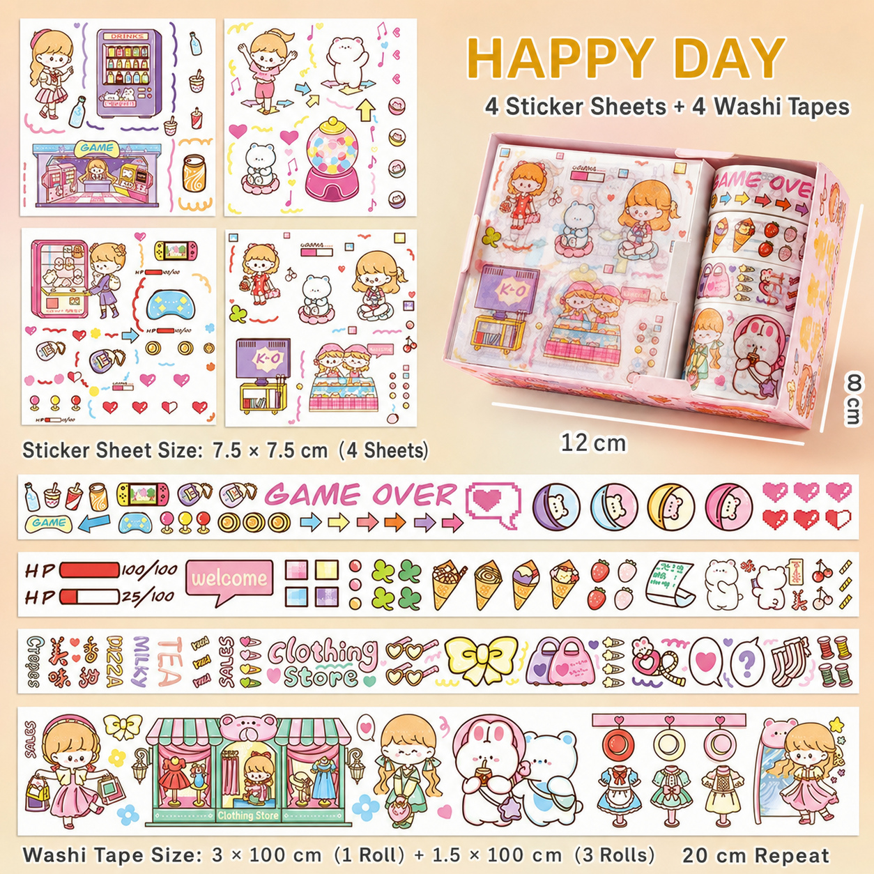 Mini Kit Washi Tape & Stickers Kawaii – Box Illustrée