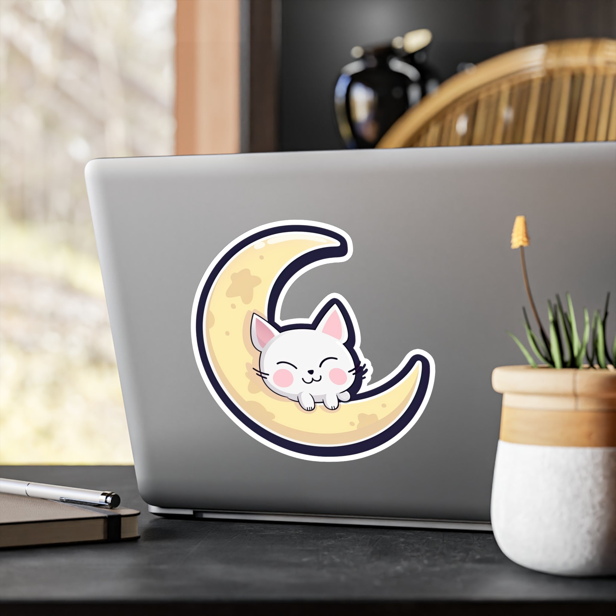 Adorable Cat on Moon Sticker - Perfect for Cat Lovers & Space Enthusiasts 