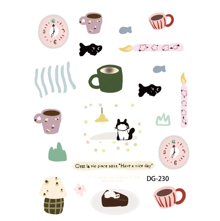 Flat layout of cat and coffee sticker artwork